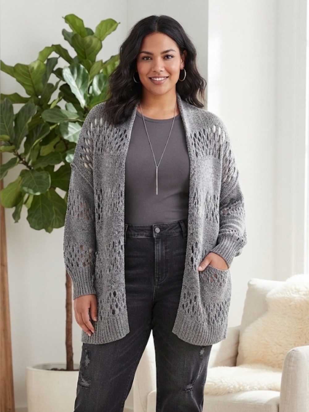 Unbranded Open Knit Cardigan Size XL Purple Gray Long Sleeve Lightweight Duster